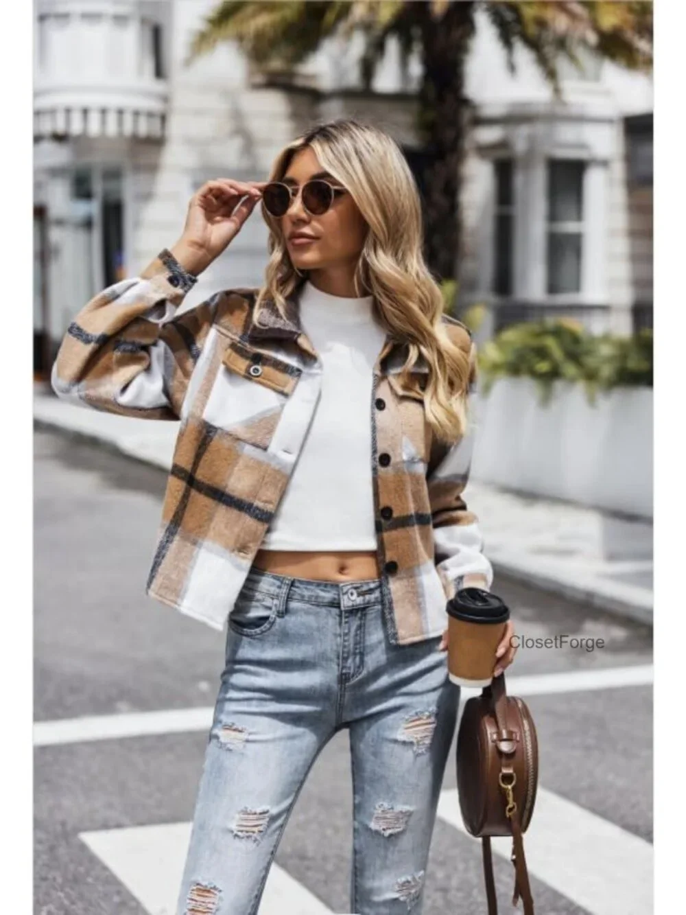Cropped Flannel Shacket Jacket Button Down Plaid Casual Coat